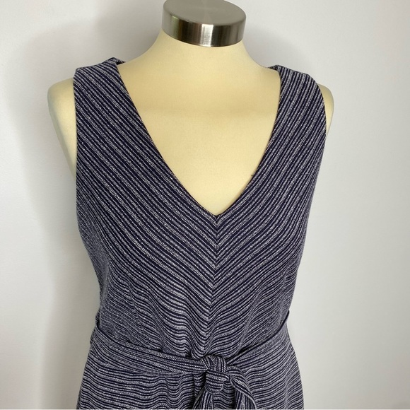 Loft Navy White Striped Textured Tie Waist Pocket Dress - Picture 4 of 11